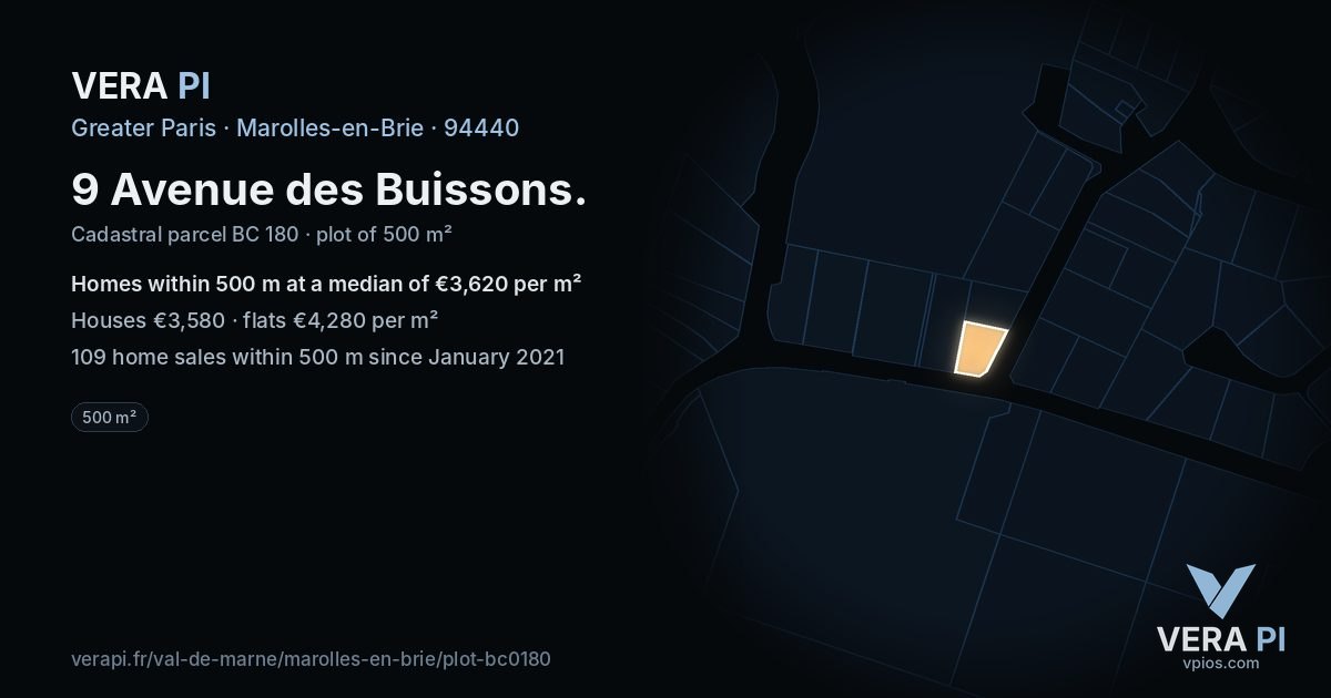 9 Avenue des Buissons, Marolles-en-Brie at night – the plot lit, the parcels around coloured by the prices near them
