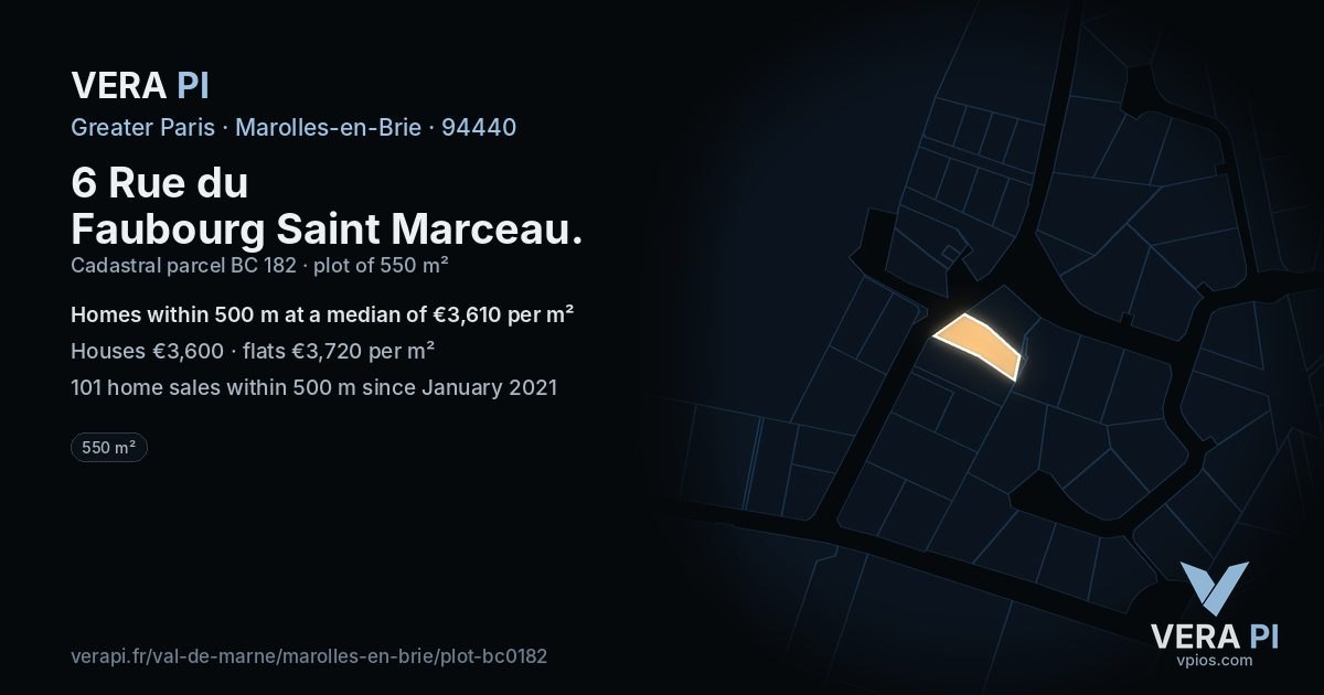 6 Rue du Faubourg Saint Marceau, Marolles-en-Brie at night – the plot lit, the parcels around coloured by the prices near them
