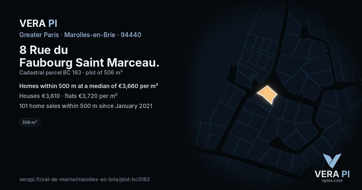 8 Rue du Faubourg Saint Marceau, Marolles-en-Brie at night – the plot lit, the parcels around coloured by the prices near them