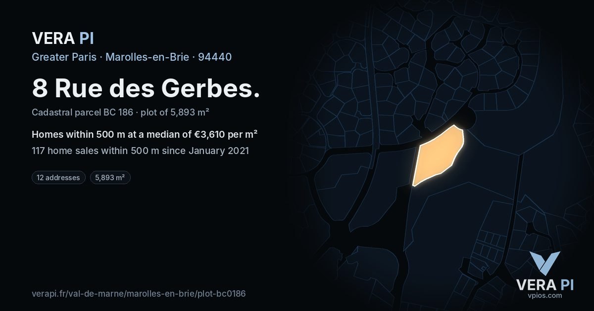 8 Rue des Gerbes, Marolles-en-Brie at night – the plot lit, the parcels around coloured by the prices near them
