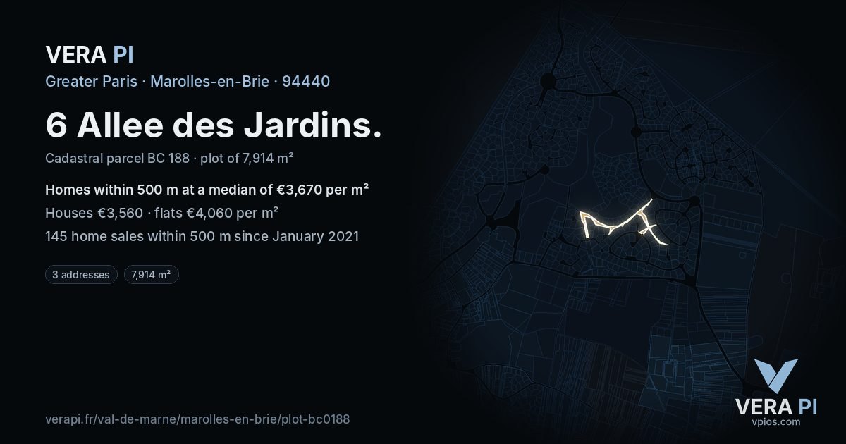 6 Allee des Jardins, Marolles-en-Brie at night – the plot lit, the parcels around coloured by the prices near them