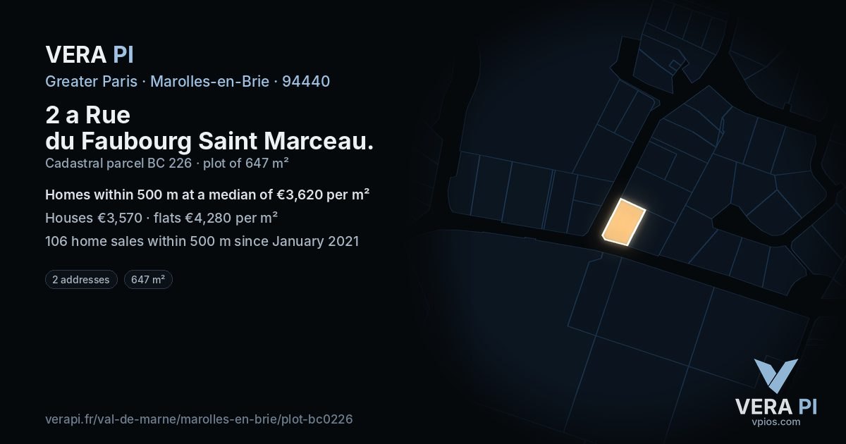 2 a Rue du Faubourg Saint Marceau, Marolles-en-Brie at night – the plot lit, the parcels around coloured by the prices near them