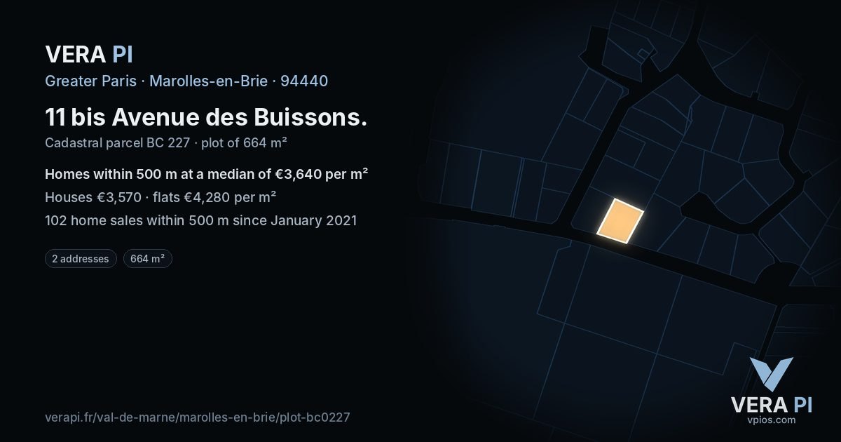 11 bis Avenue des Buissons, Marolles-en-Brie at night – the plot lit, the parcels around coloured by the prices near them
