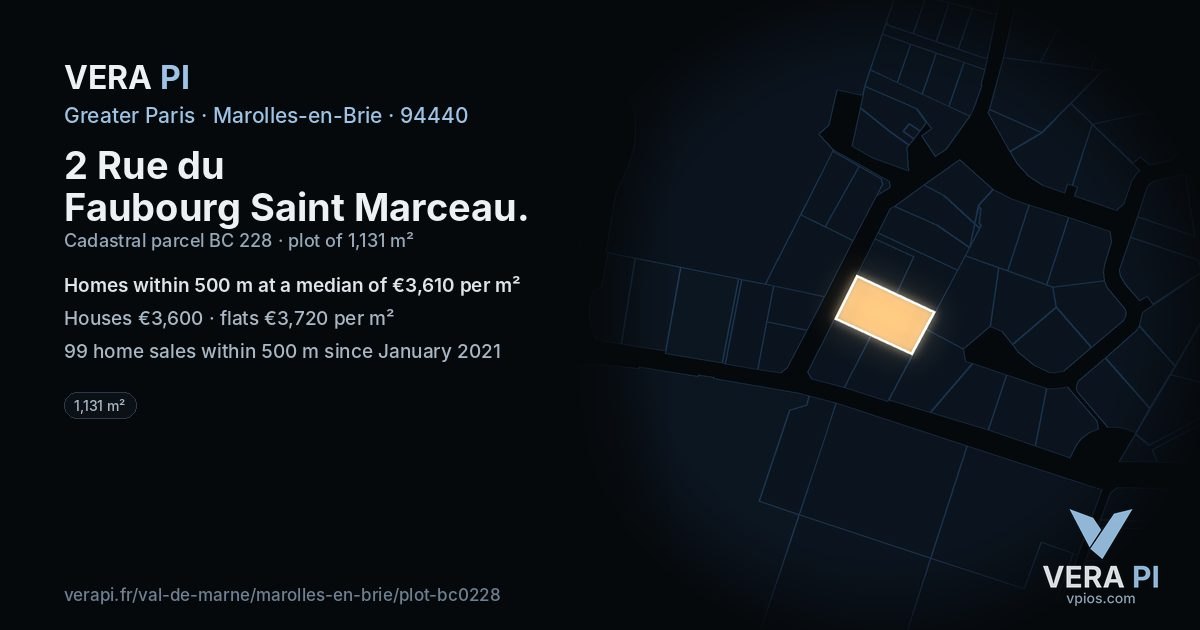2 Rue du Faubourg Saint Marceau, Marolles-en-Brie at night – the plot lit, the parcels around coloured by the prices near them