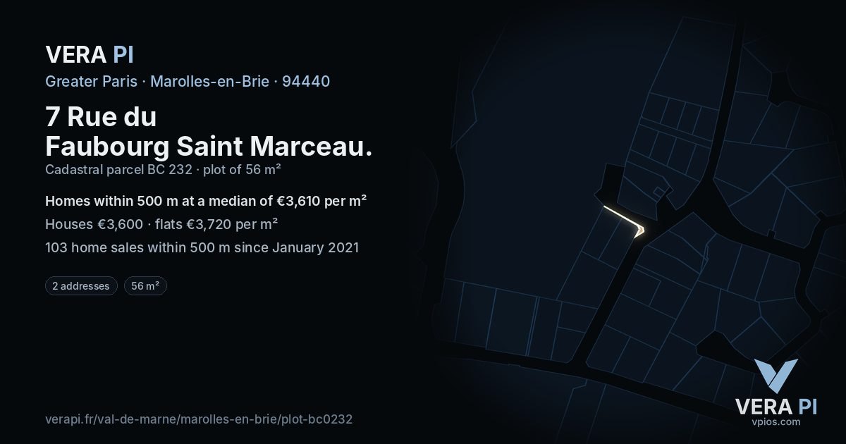 7 Rue du Faubourg Saint Marceau, Marolles-en-Brie at night – the plot lit, the parcels around coloured by the prices near them