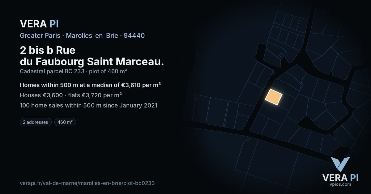 2 bis b Rue du Faubourg Saint Marceau, Marolles-en-Brie at night – the plot lit, the parcels around coloured by the prices near them