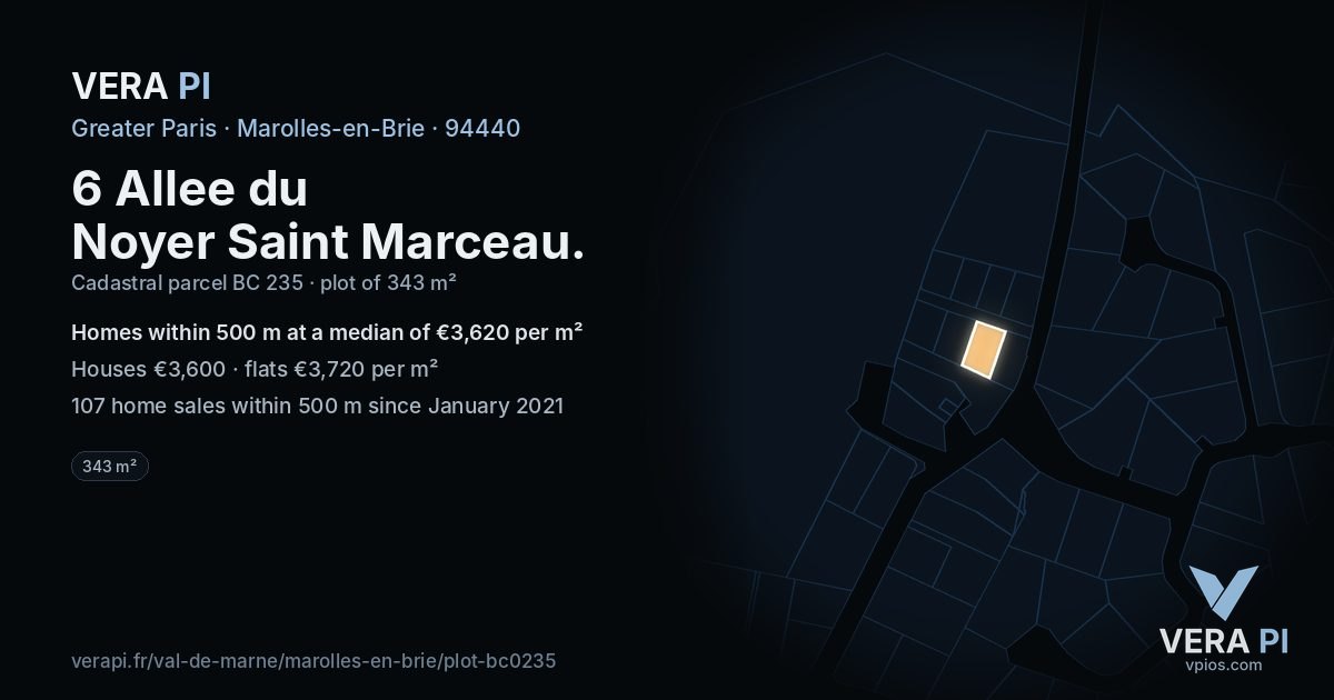 6 Allee du Noyer Saint Marceau, Marolles-en-Brie at night – the plot lit, the parcels around coloured by the prices near them