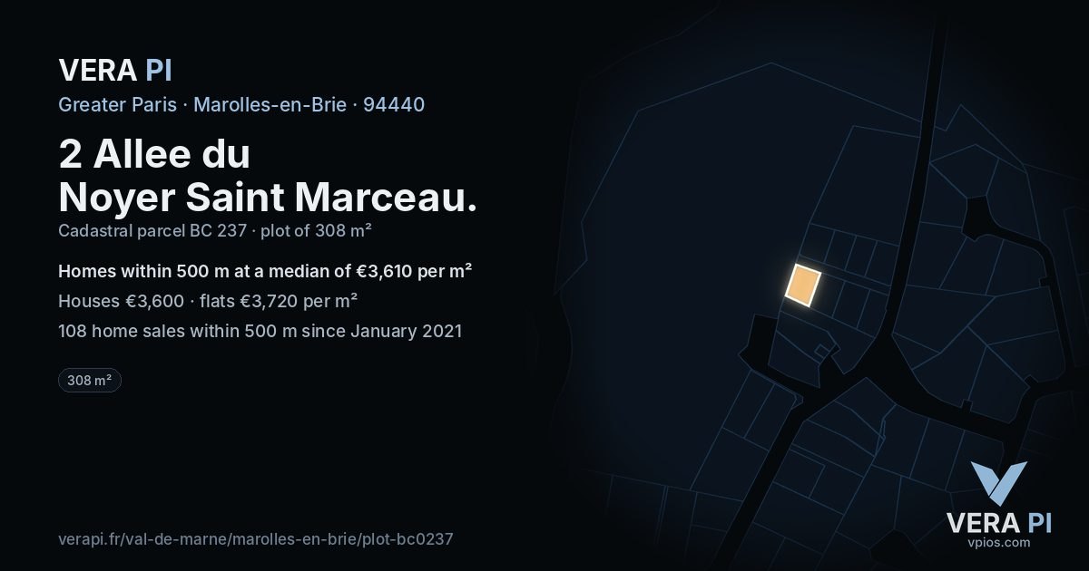 2 Allee du Noyer Saint Marceau, Marolles-en-Brie at night – the plot lit, the parcels around coloured by the prices near them
