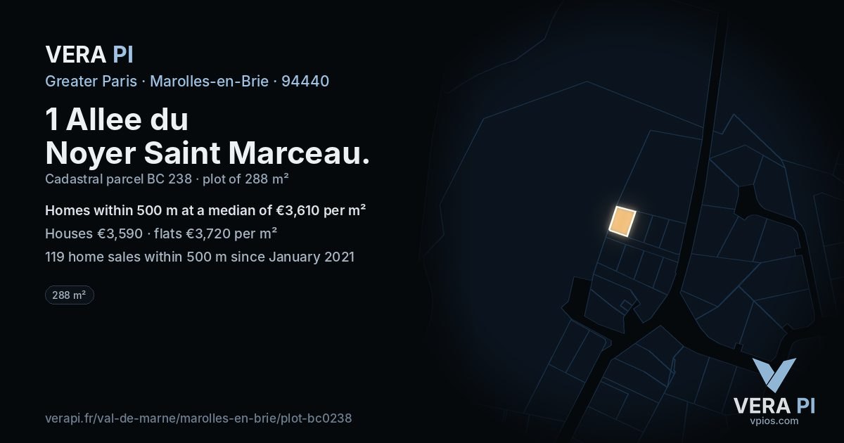 1 Allee du Noyer Saint Marceau, Marolles-en-Brie at night – the plot lit, the parcels around coloured by the prices near them