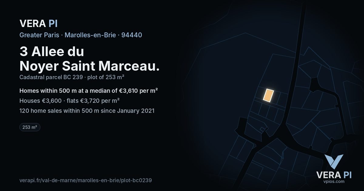 3 Allee du Noyer Saint Marceau, Marolles-en-Brie at night – the plot lit, the parcels around coloured by the prices near them