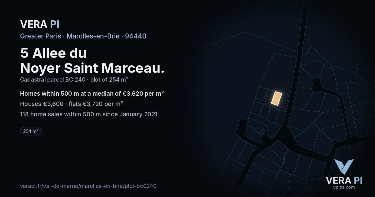 5 Allee du Noyer Saint Marceau, Marolles-en-Brie at night – the plot lit, the parcels around coloured by the prices near them