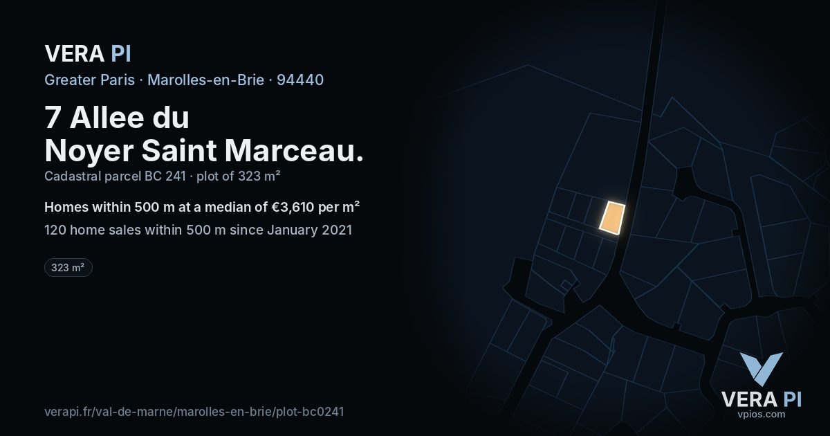 7 Allee du Noyer Saint Marceau, Marolles-en-Brie at night – the plot lit, the parcels around coloured by the prices near them