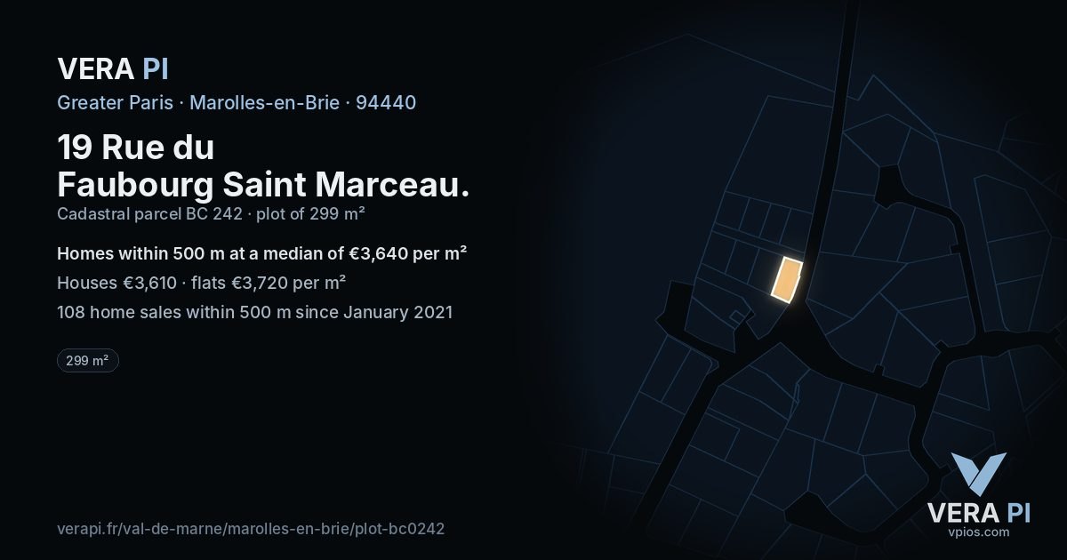 19 Rue du Faubourg Saint Marceau, Marolles-en-Brie at night – the plot lit, the parcels around coloured by the prices near them