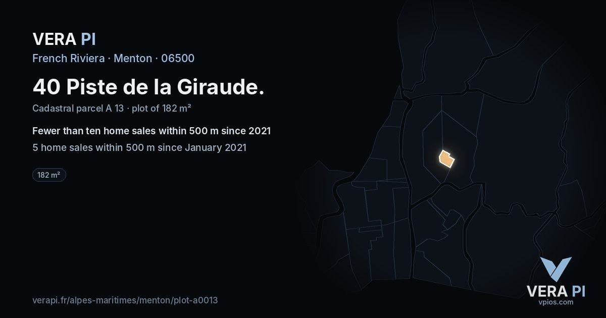 40 Piste de la Giraude, Menton at night – the plot lit, the parcels around coloured by the prices near them