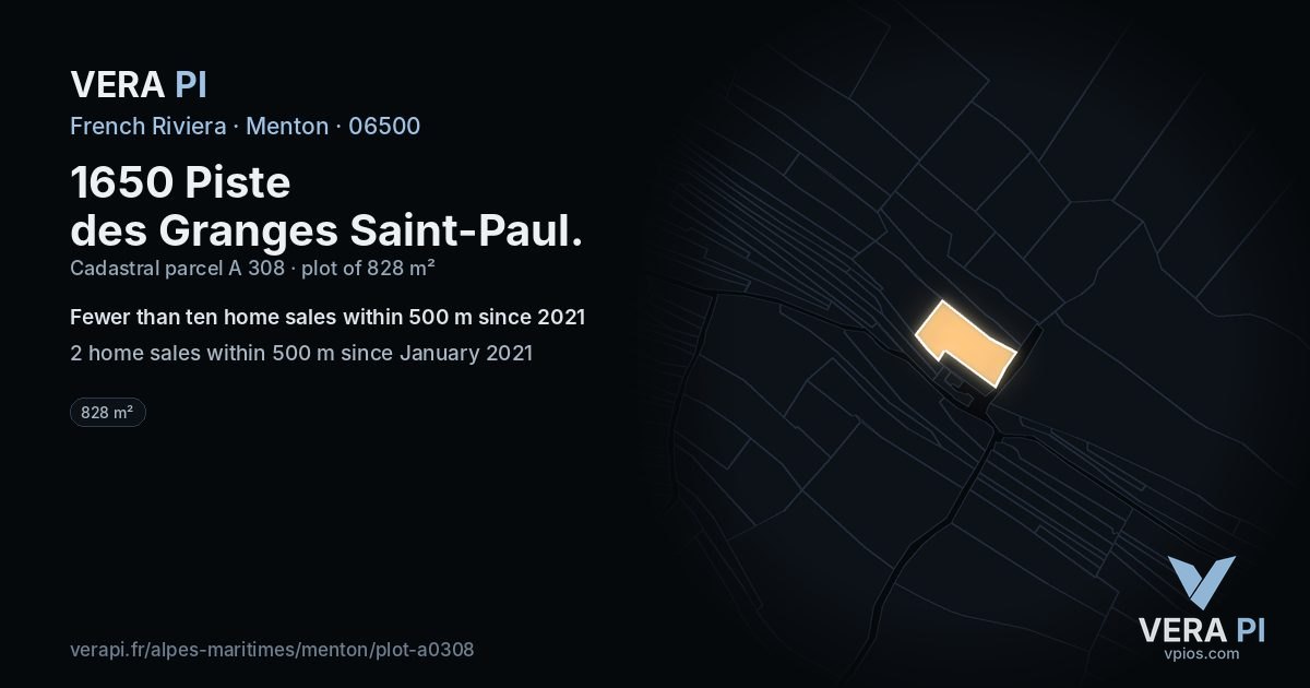 1650 Piste des Granges Saint-Paul, Menton at night – the plot lit, the parcels around coloured by the prices near them