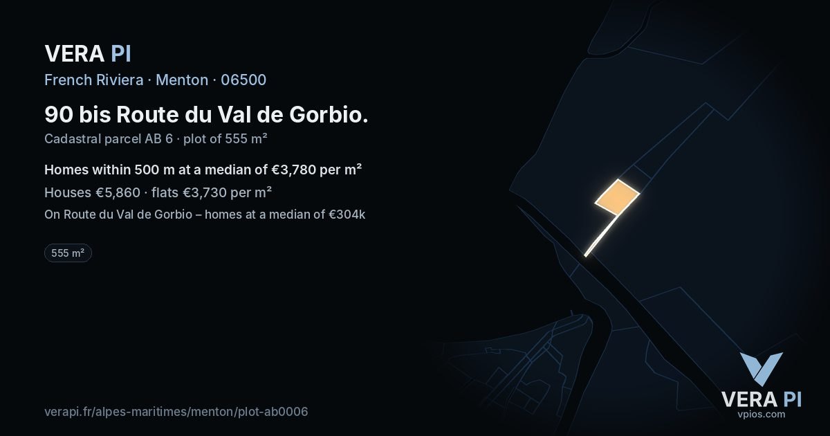 90 bis Route du Val de Gorbio, Menton at night – the plot lit, the parcels around coloured by the prices near them
