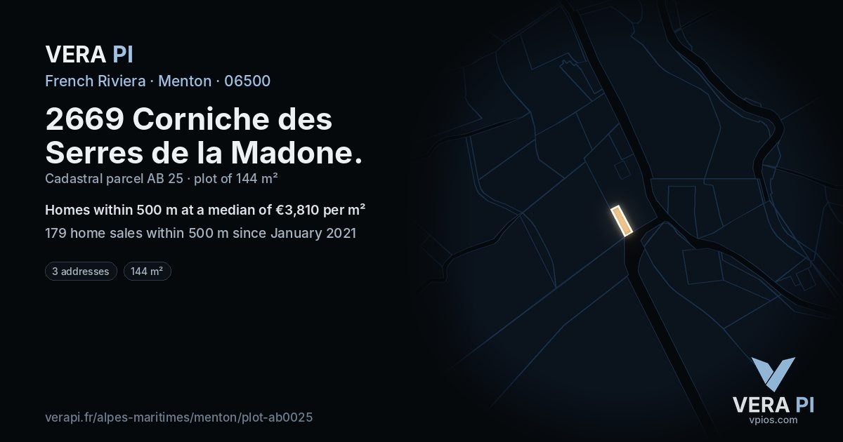 2669 Corniche des Serres de la Madone, Menton at night – the plot lit, the parcels around coloured by the prices near them