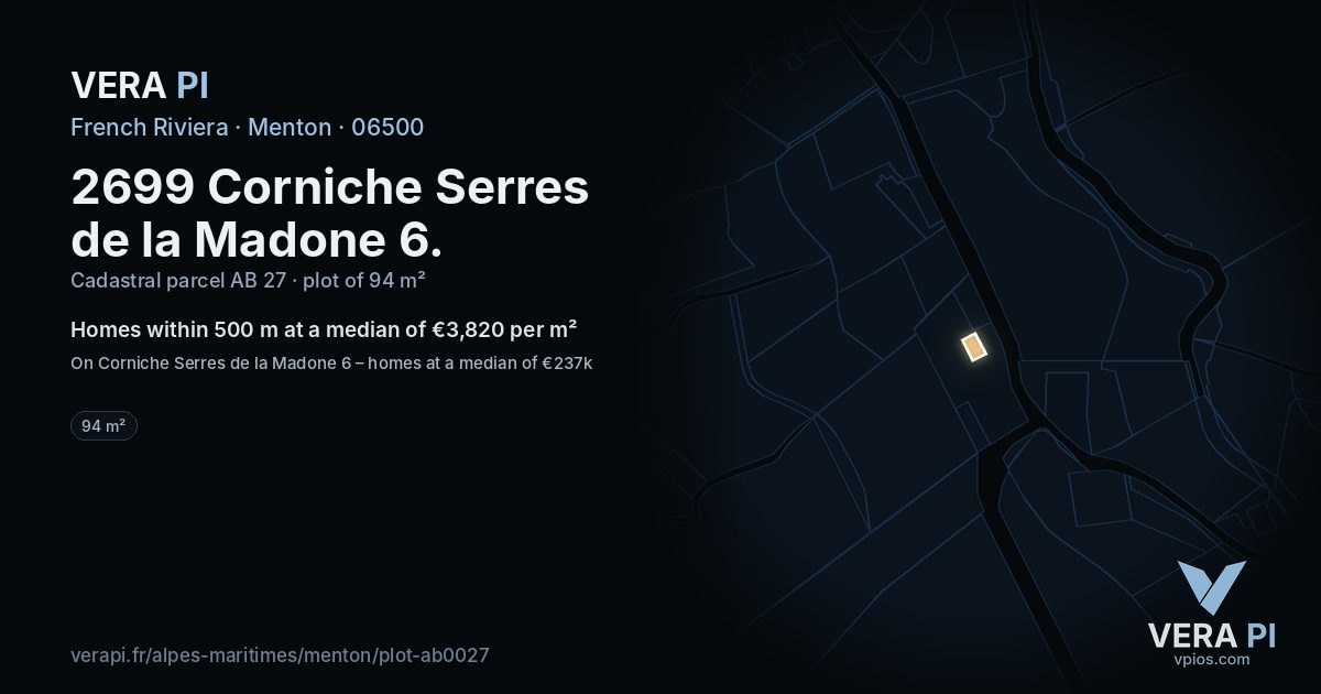2699 Corniche Serres de la Madone 6, Menton at night – the plot lit, the parcels around coloured by the prices near them