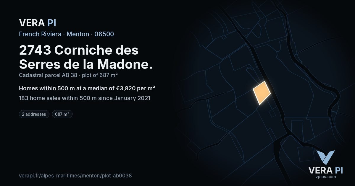 2743 Corniche des Serres de la Madone, Menton at night – the plot lit, the parcels around coloured by the prices near them