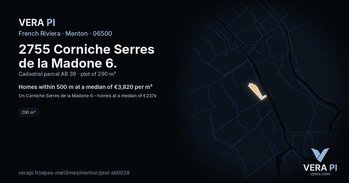 2755 Corniche Serres de la Madone 6, Menton at night – the plot lit, the parcels around coloured by the prices near them
