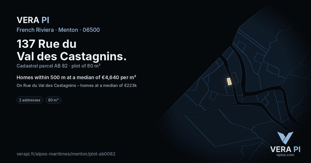 137 Rue du Val des Castagnins, Menton at night – the plot lit, the parcels around coloured by the prices near them