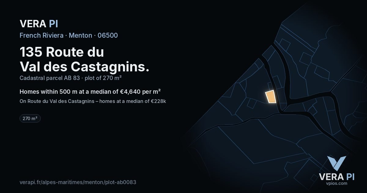 135 Route du Val des Castagnins, Menton at night – the plot lit, the parcels around coloured by the prices near them