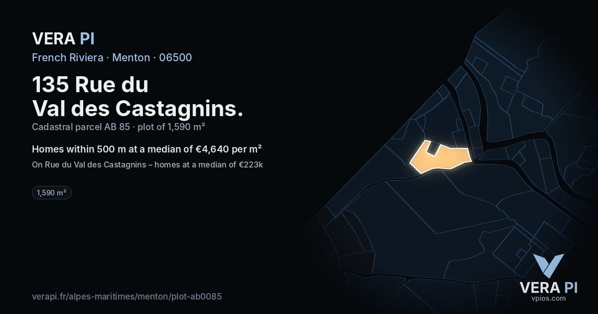 135 Rue du Val des Castagnins, Menton at night – the plot lit, the parcels around coloured by the prices near them