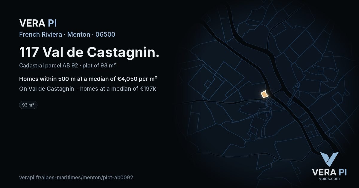117 Val de Castagnin, Menton at night – the plot lit, the parcels around coloured by the prices near them