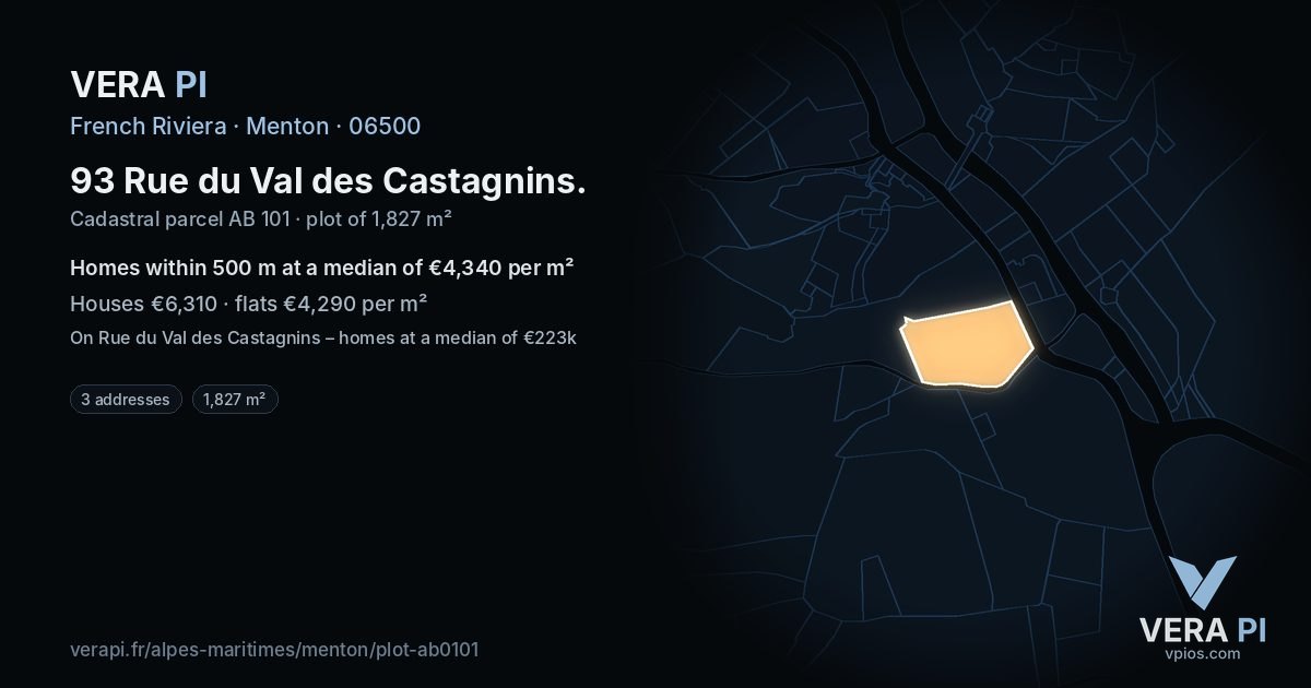 93 Rue du Val des Castagnins, Menton at night – the plot lit, the parcels around coloured by the prices near them