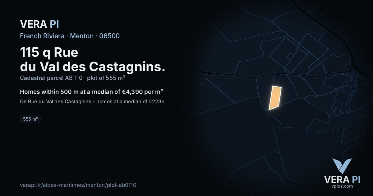 115 q Rue du Val des Castagnins, Menton at night – the plot lit, the parcels around coloured by the prices near them