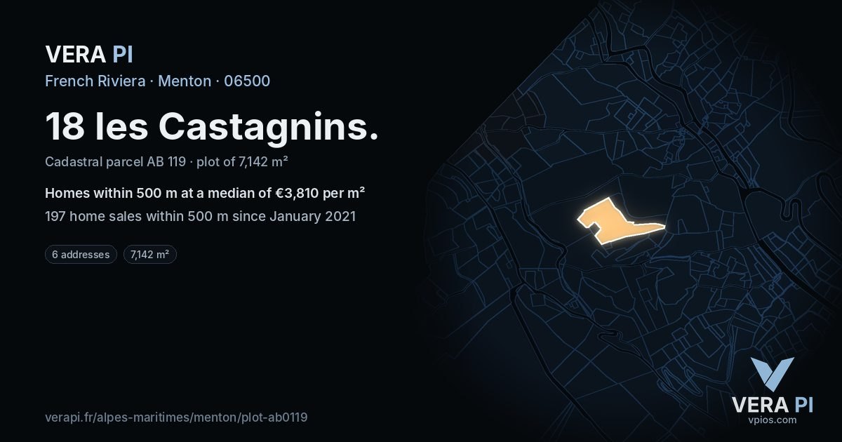 18 les Castagnins, Menton at night – the plot lit, the parcels around coloured by the prices near them