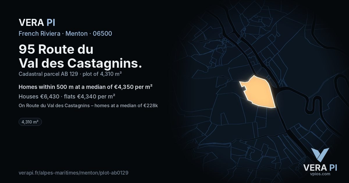 95 Route du Val des Castagnins, Menton at night – the plot lit, the parcels around coloured by the prices near them