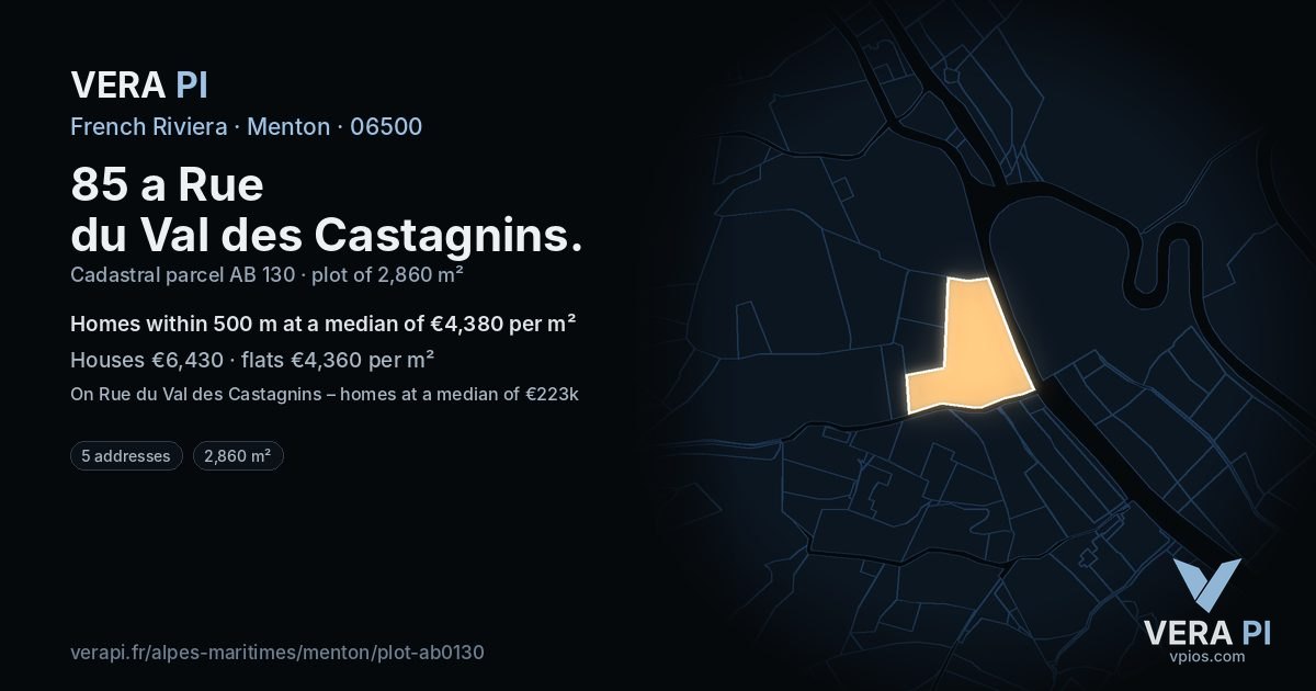 85 a Rue du Val des Castagnins, Menton at night – the plot lit, the parcels around coloured by the prices near them