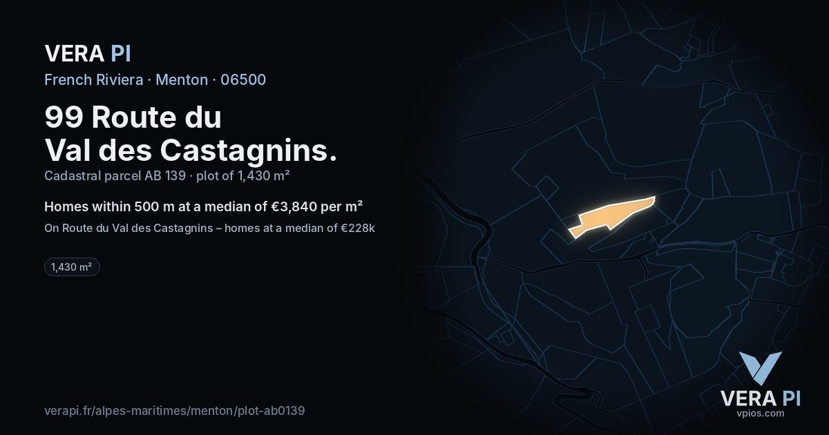 99 Route du Val des Castagnins, Menton at night – the plot lit, the parcels around coloured by the prices near them