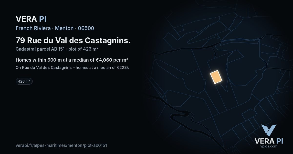 79 Rue du Val des Castagnins, Menton at night – the plot lit, the parcels around coloured by the prices near them