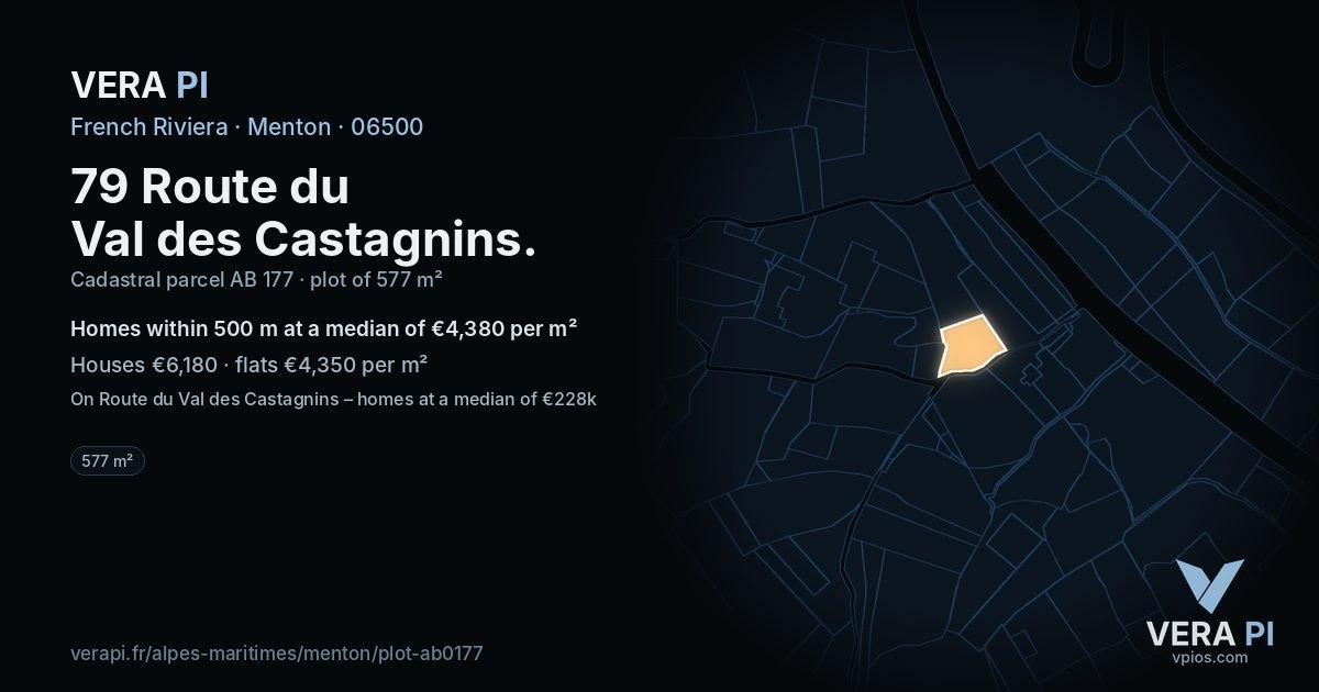 79 Route du Val des Castagnins, Menton at night – the plot lit, the parcels around coloured by the prices near them