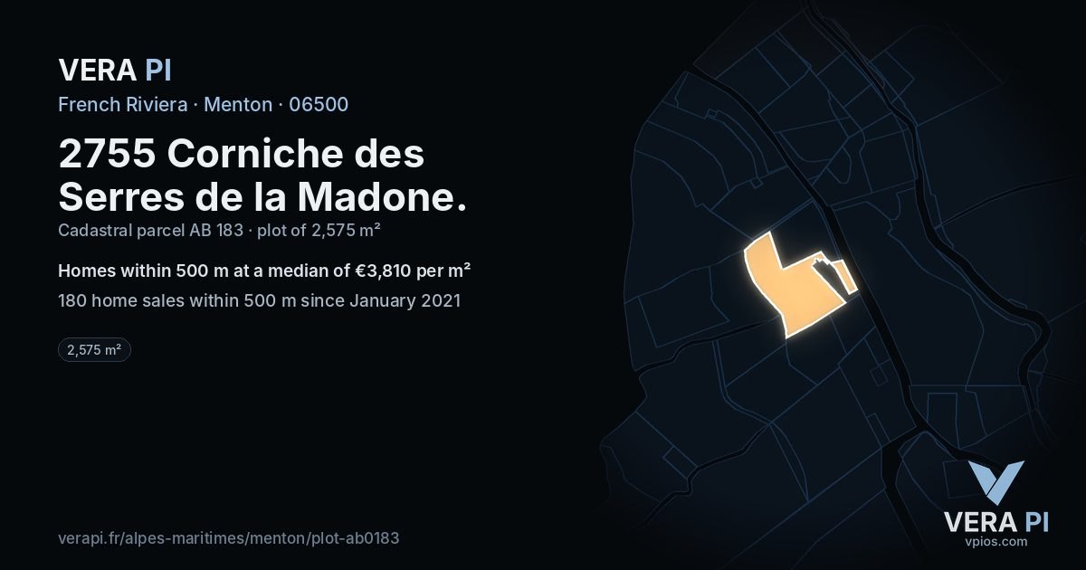 2755 Corniche des Serres de la Madone, Menton at night – the plot lit, the parcels around coloured by the prices near them