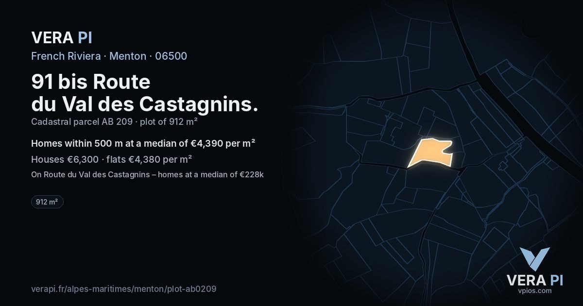 91 bis Route du Val des Castagnins, Menton at night – the plot lit, the parcels around coloured by the prices near them