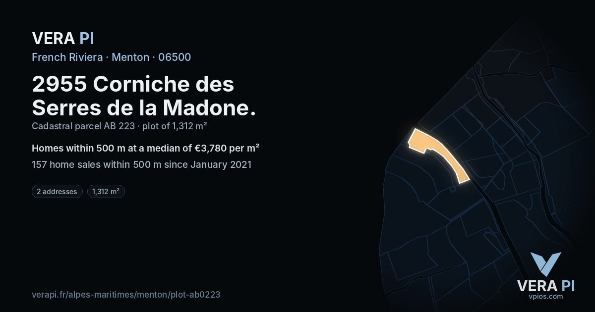2955 Corniche des Serres de la Madone, Menton at night – the plot lit, the parcels around coloured by the prices near them