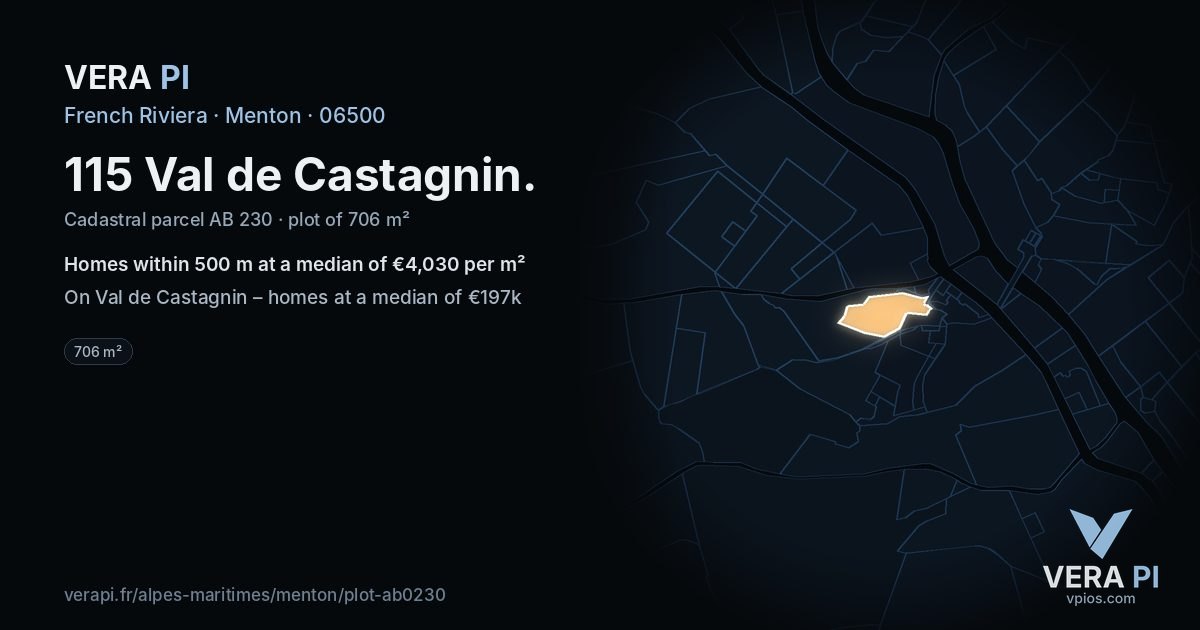 115 Val de Castagnin, Menton at night – the plot lit, the parcels around coloured by the prices near them