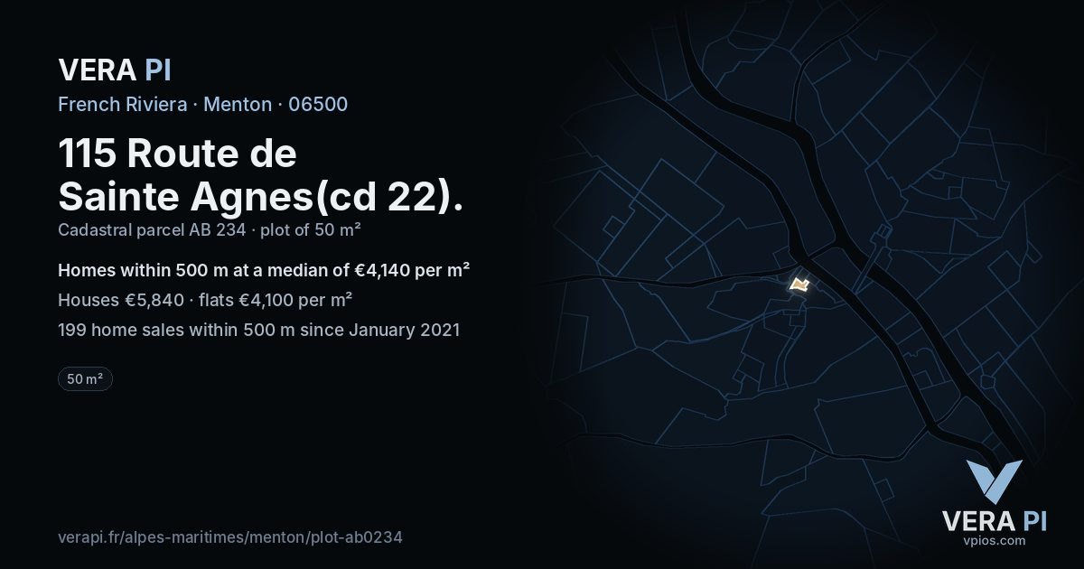 115 Route de Sainte Agnes(cd 22), Menton at night – the plot lit, the parcels around coloured by the prices near them