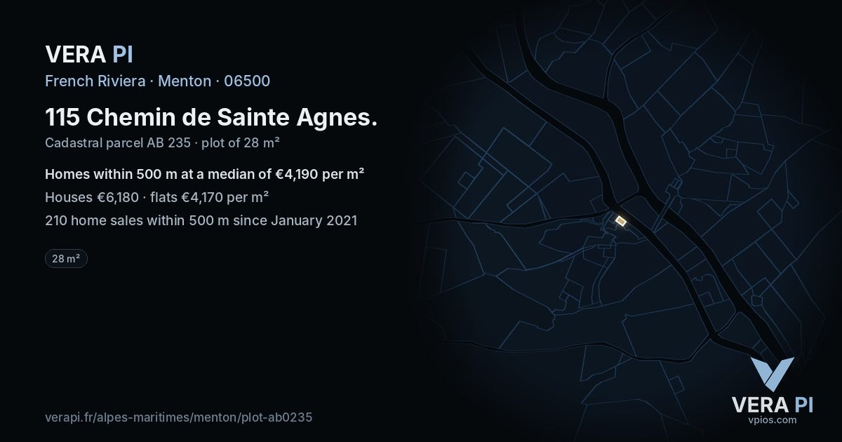 115 Chemin de Sainte Agnes, Menton at night – the plot lit, the parcels around coloured by the prices near them