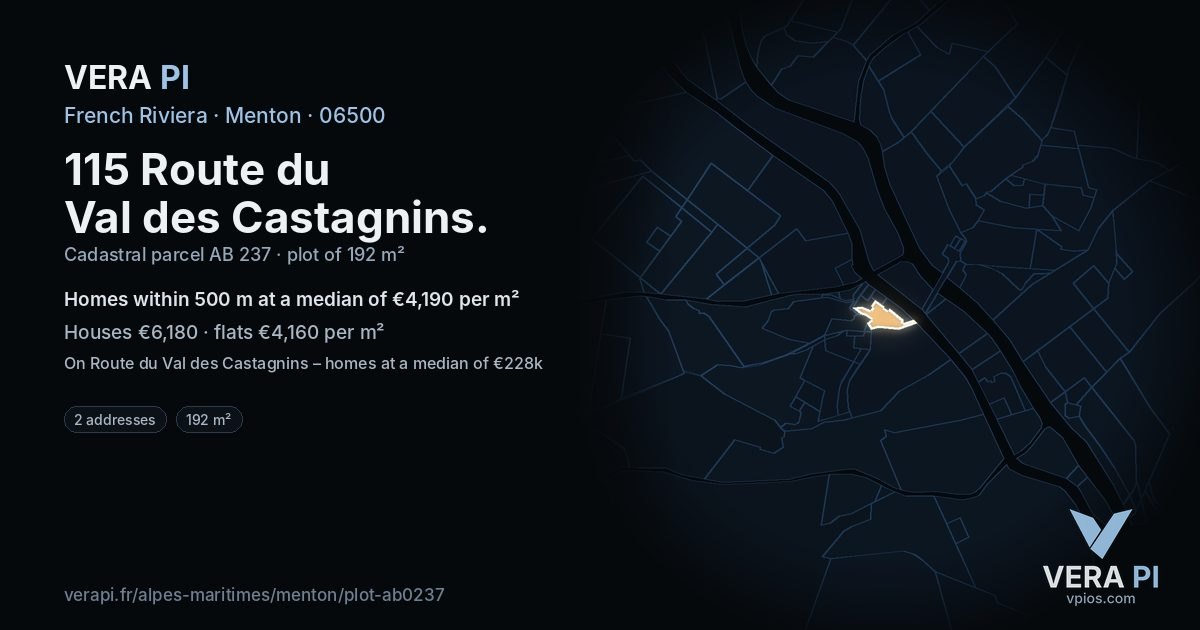 115 Route du Val des Castagnins, Menton at night – the plot lit, the parcels around coloured by the prices near them