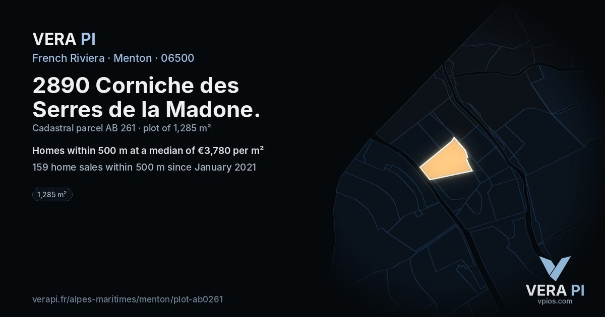 2890 Corniche des Serres de la Madone, Menton at night – the plot lit, the parcels around coloured by the prices near them