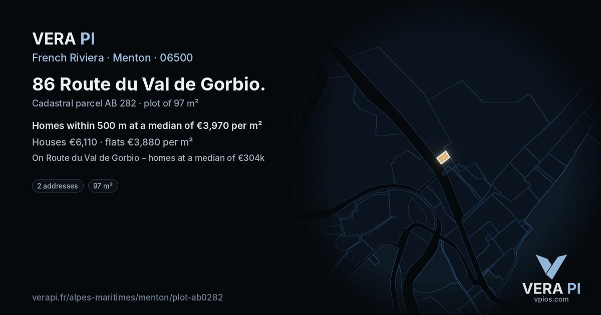 86 Route du Val de Gorbio, Menton at night – the plot lit, the parcels around coloured by the prices near them