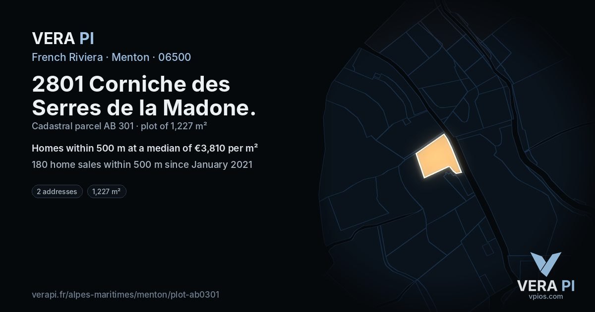 2801 Corniche des Serres de la Madone, Menton at night – the plot lit, the parcels around coloured by the prices near them