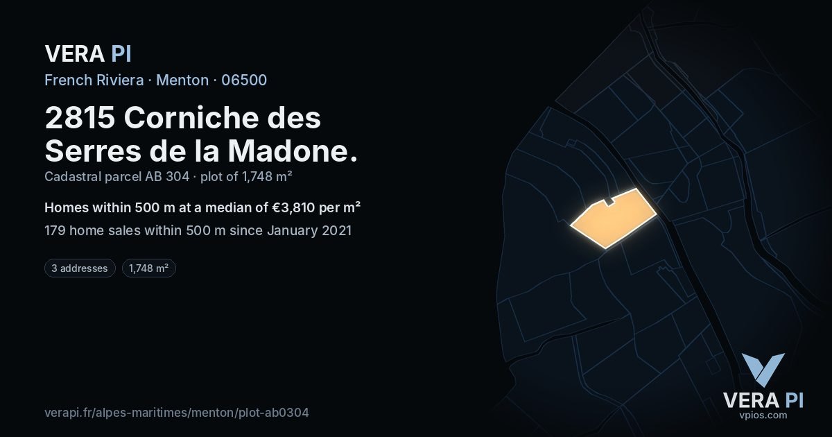 2815 Corniche des Serres de la Madone, Menton at night – the plot lit, the parcels around coloured by the prices near them