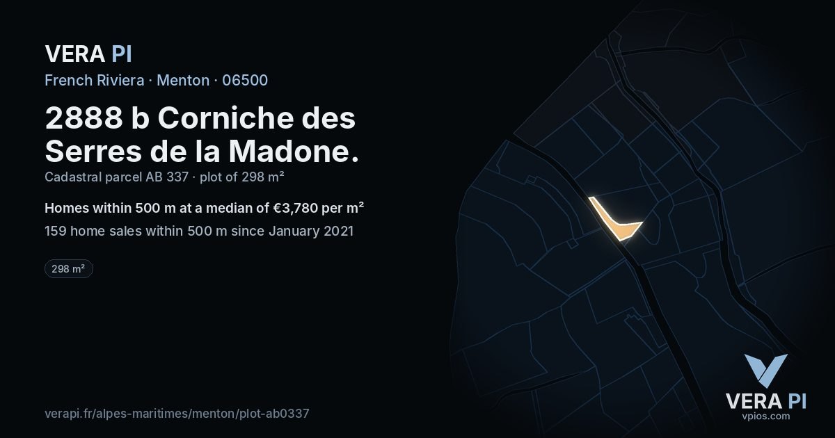 2888 b Corniche des Serres de la Madone, Menton at night – the plot lit, the parcels around coloured by the prices near them