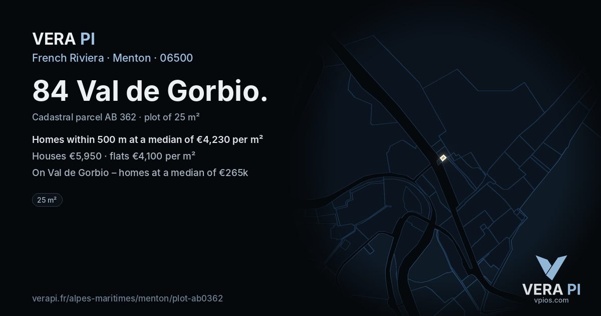 84 Val de Gorbio, Menton at night – the plot lit, the parcels around coloured by the prices near them
