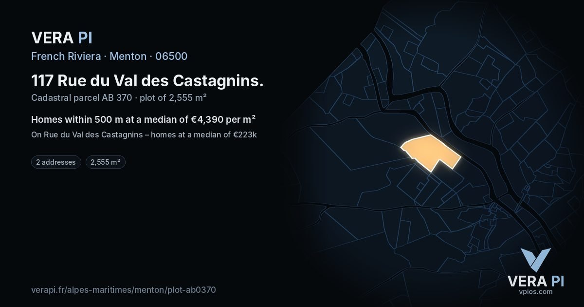 117 Rue du Val des Castagnins, Menton at night – the plot lit, the parcels around coloured by the prices near them